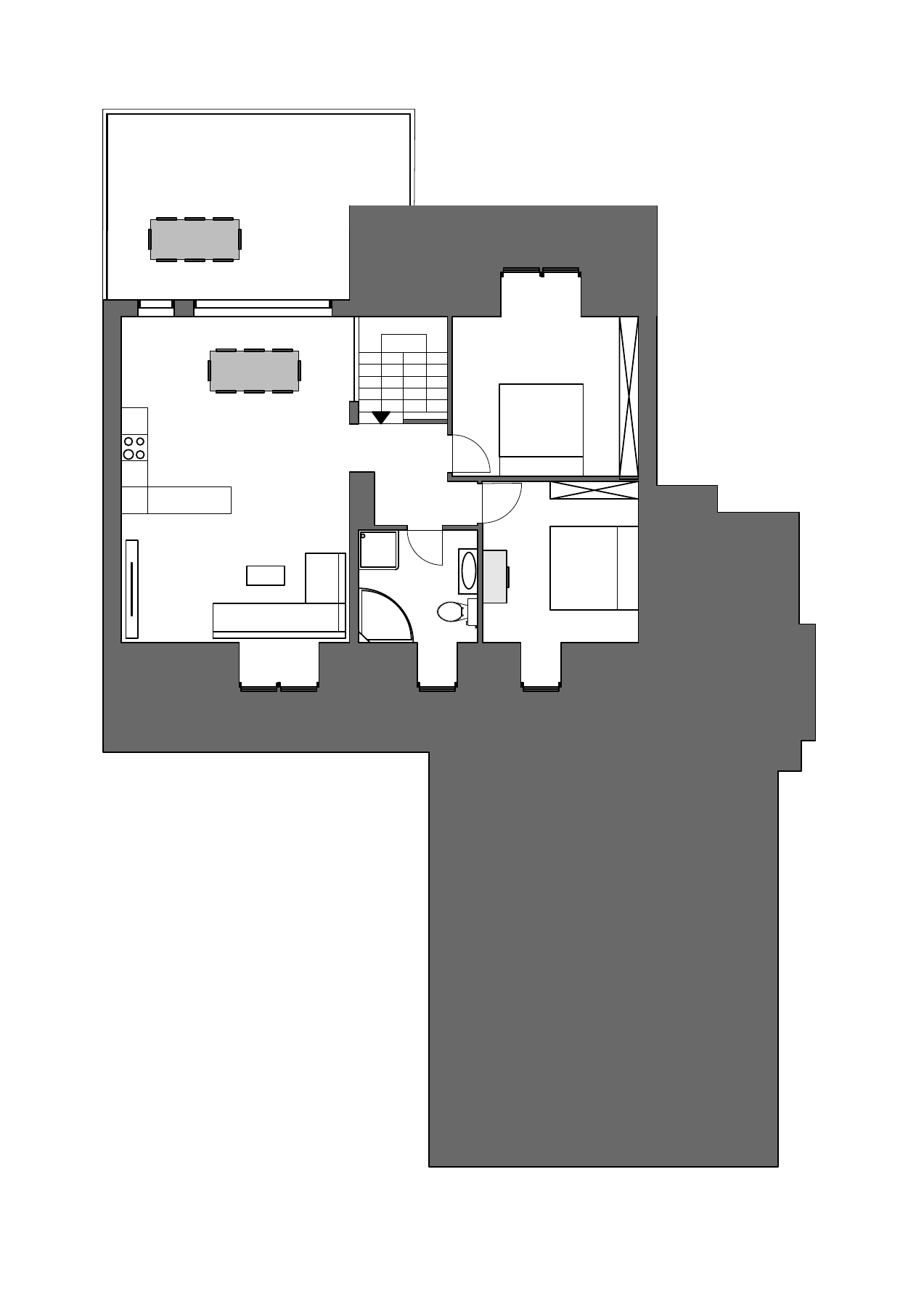 Grundriss des Dachgeschosses mit Wohnbereich, Zimmern und Terrasse